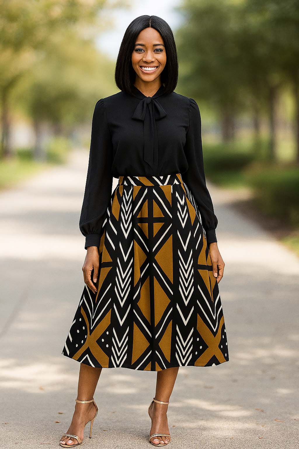 African Skirt Geometric Zigzag Batik Print Midi Length