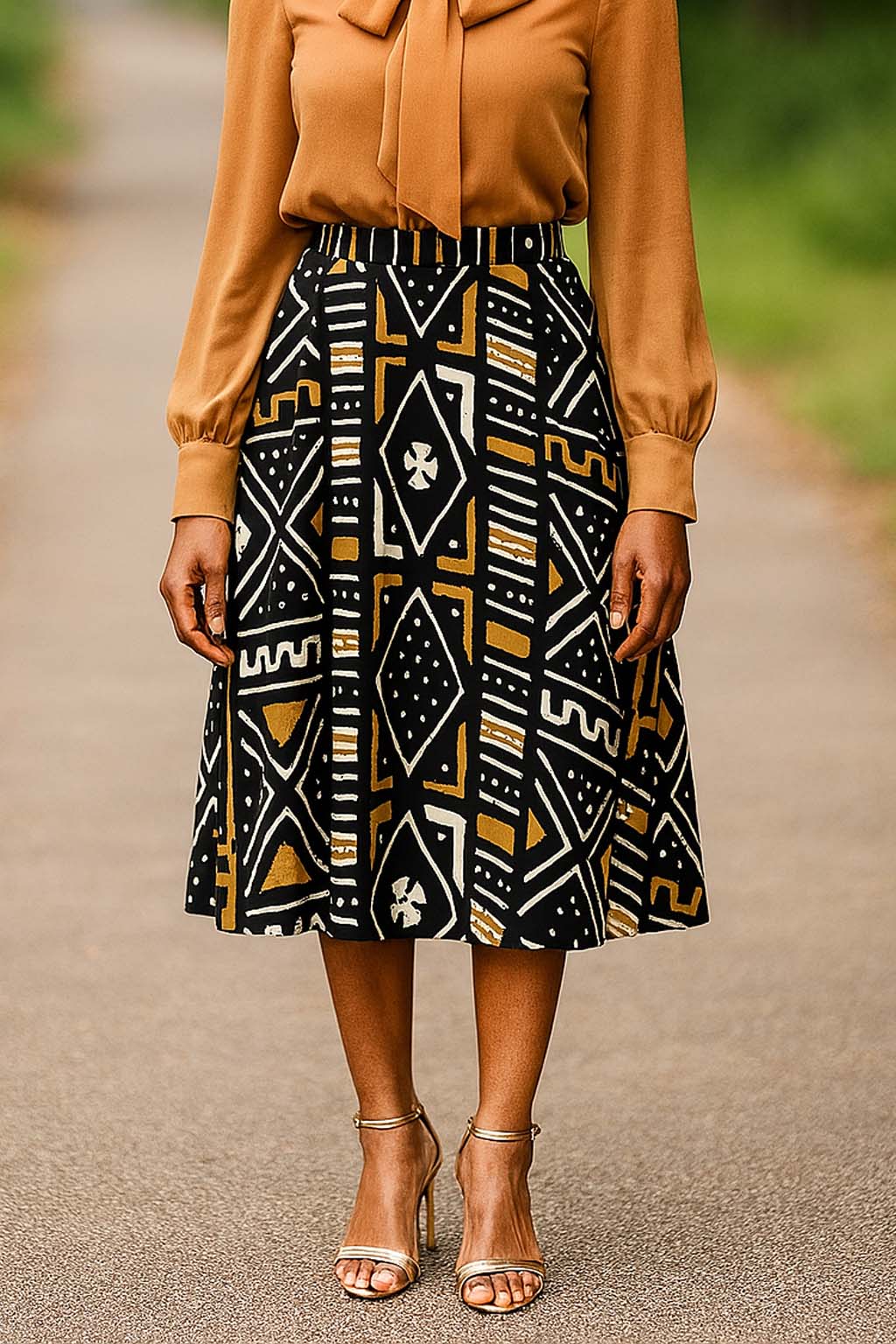 African Skirt Style Mudcloth Print | Midi Length Flared
