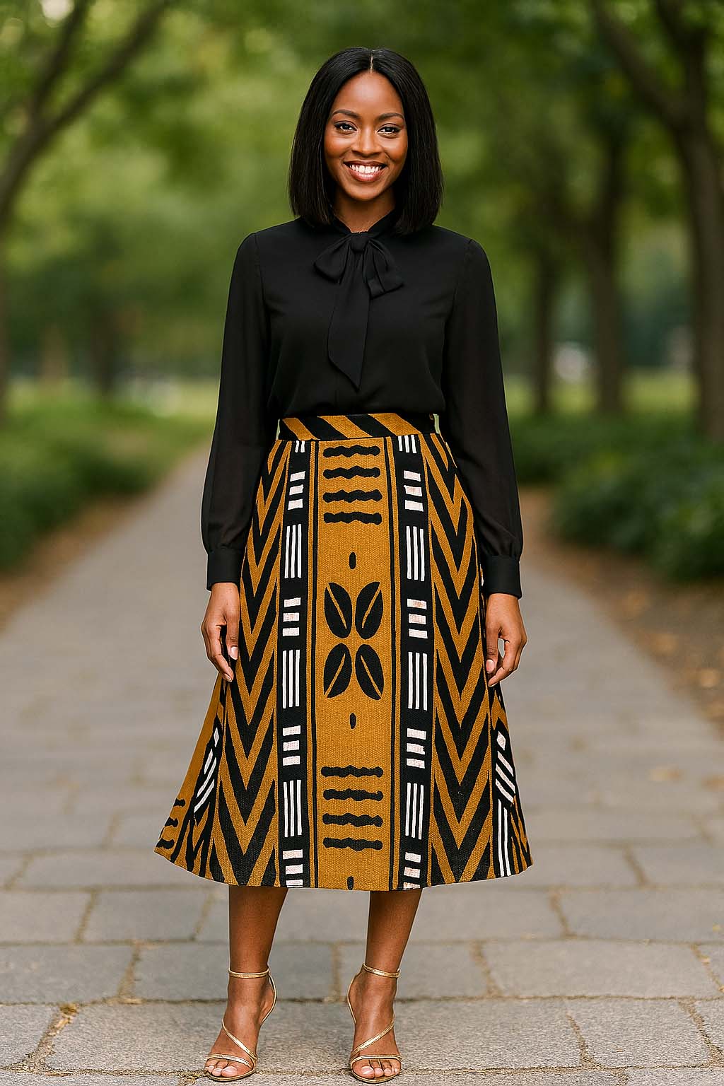 African Skirt for Women Cowrie Mudcloth Print Flare Midi