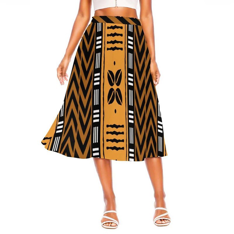 African Skirt for Women Cowrie Mudcloth Print Flare Midi