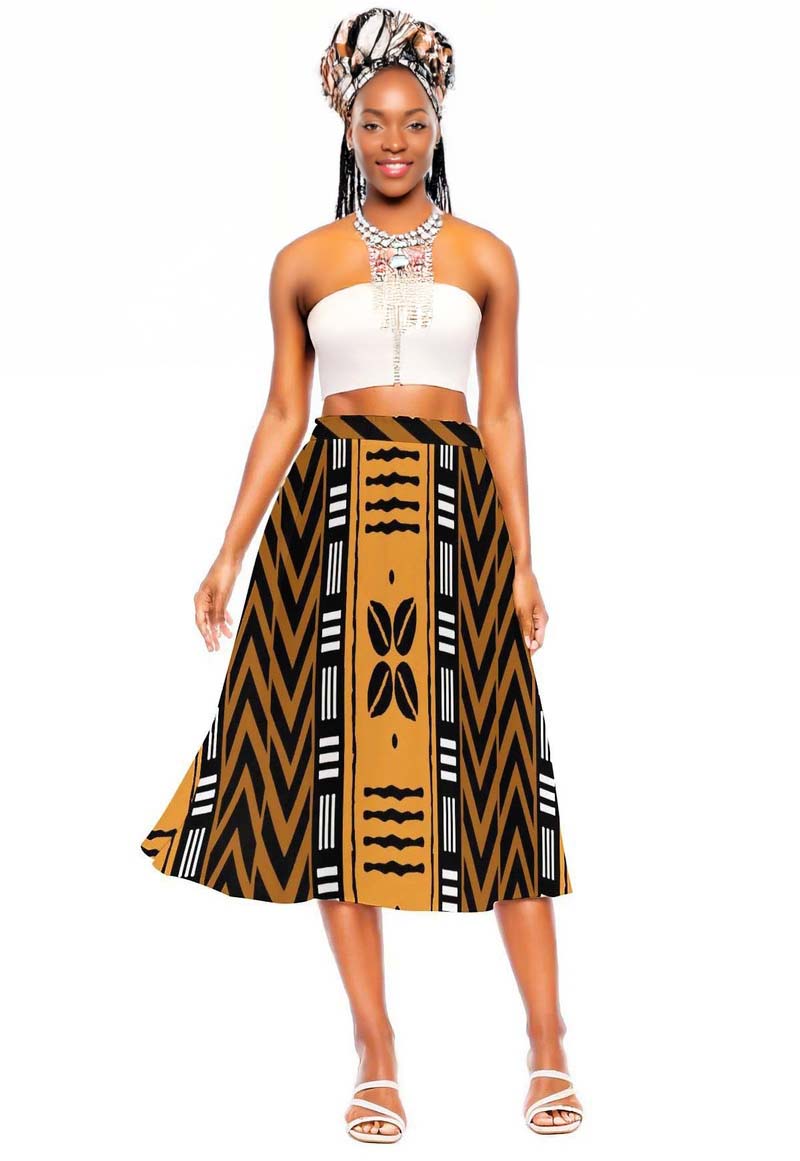 African Skirt for Women Cowrie Mudcloth Print Flare Midi