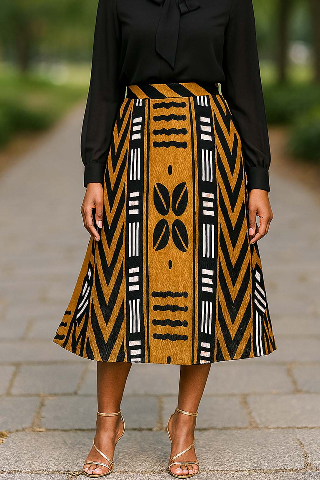 African Skirt for Women Cowrie Mudcloth Print Flare Midi