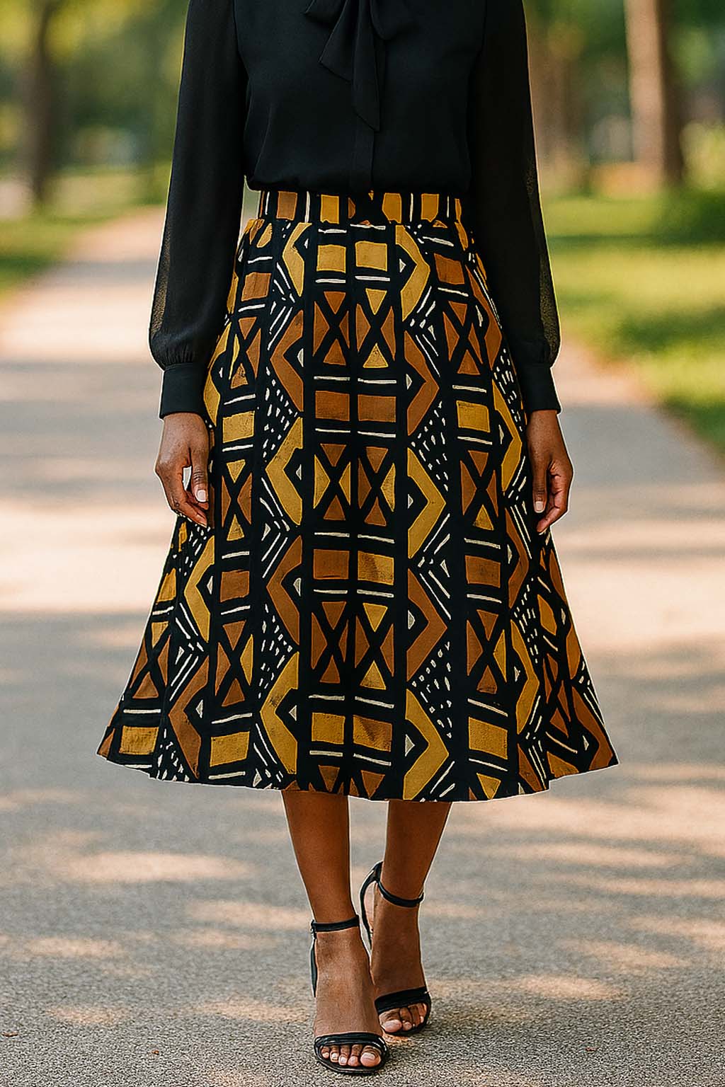 African Skirt for Women | Midi Length Flared Chiffon Brown