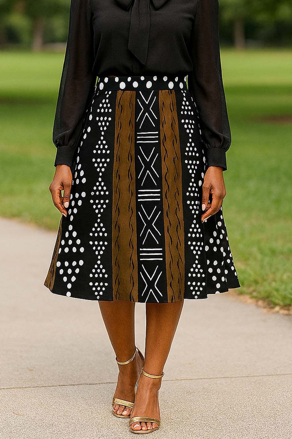 African Traditional Flare Skirt | Wooden Print Midi Length