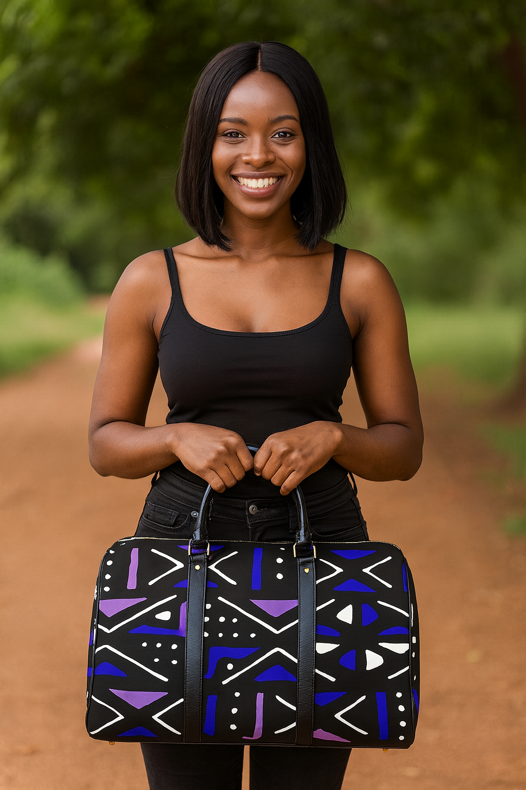 African Travel Bag Leather Mud Cloth Local Print Multicolor