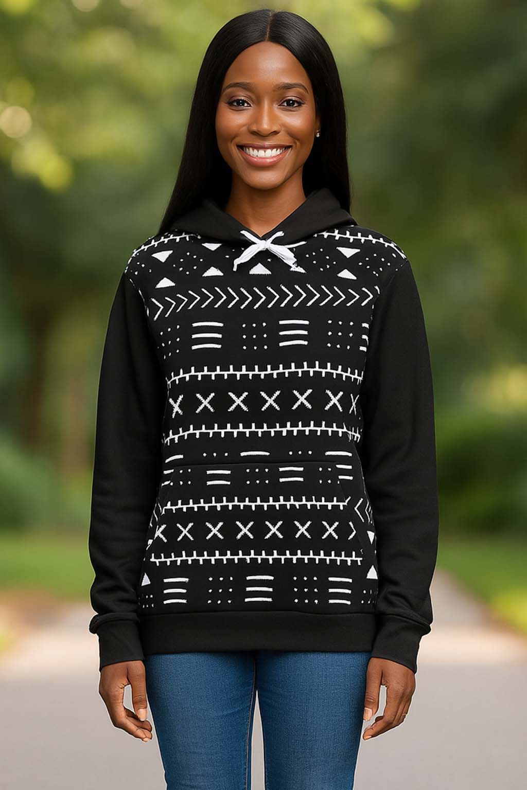 African Tribal Pattern Hoodies Black and White Print