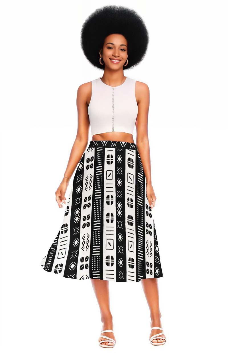 African Tribal Pattern Skirt | Black and White Midi Flare