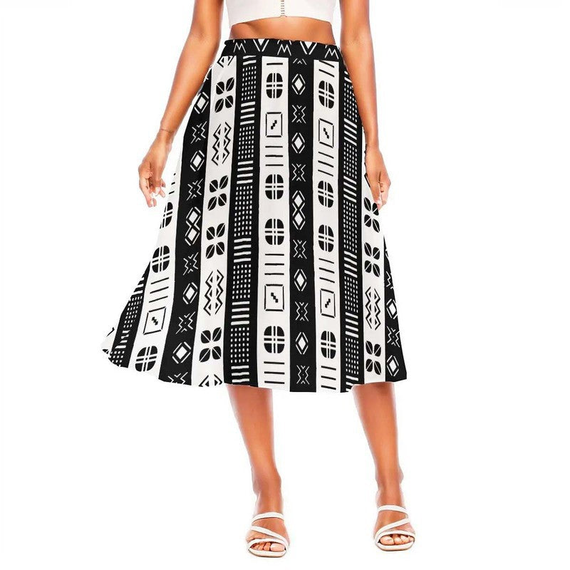 African Tribal Pattern Skirt | Black and White Midi Flare