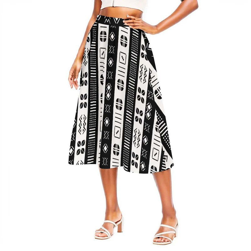 African Tribal Pattern Skirt | Black and White Midi Flare