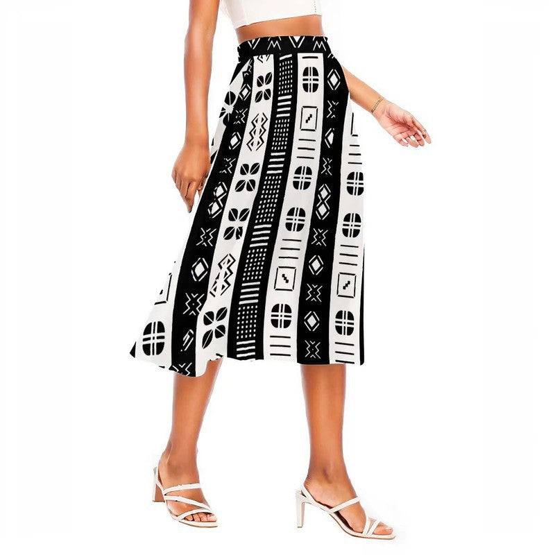 African Tribal Pattern Skirt | Black and White Midi Flare