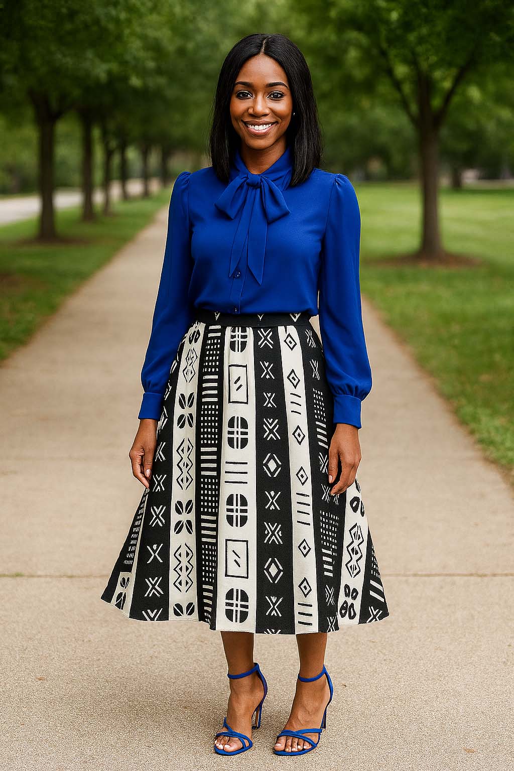 African Tribal Pattern Skirt | Black and White Midi Flare