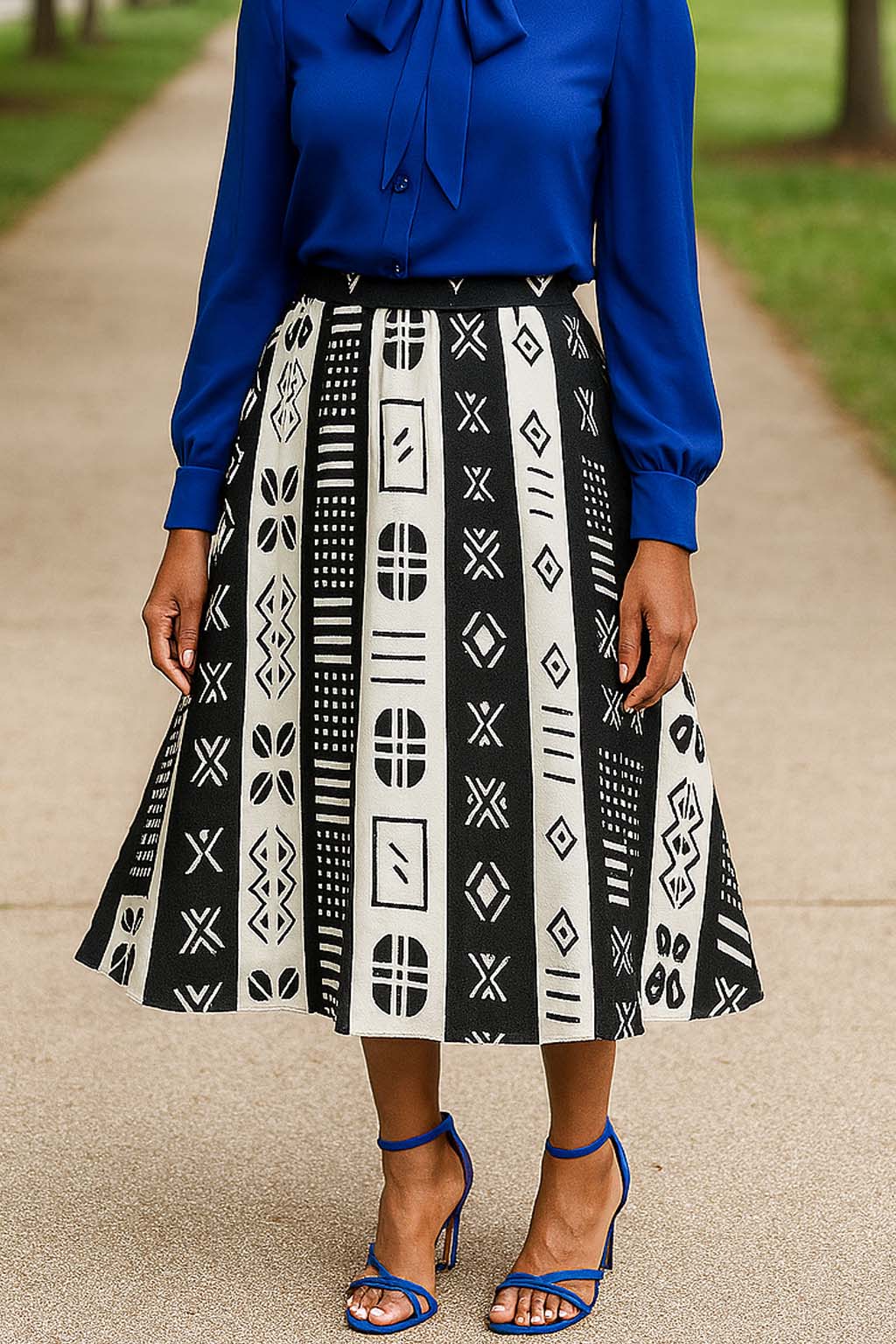 African Tribal Pattern Skirt | Black and White Midi Flare