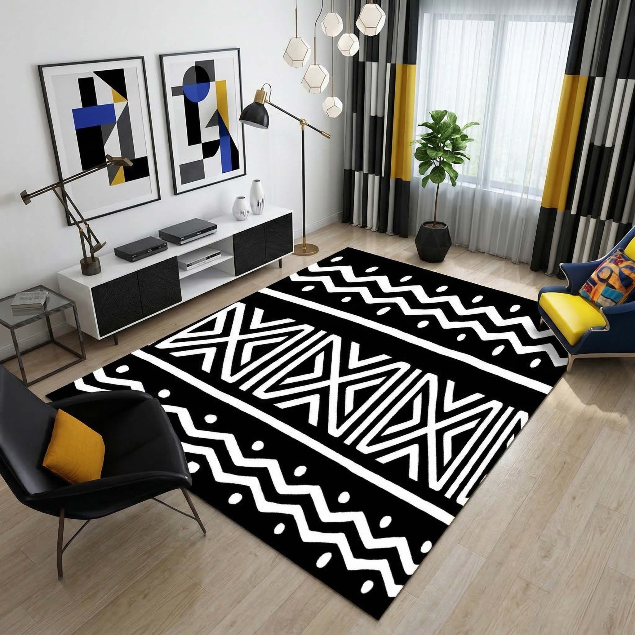 Rasist Rug Black & White African Rug Tribal Print Carpet - Bynelo