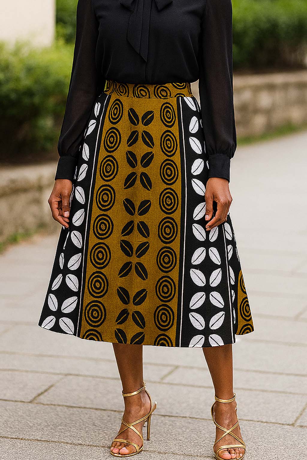 African Tribal Flare Skirt | Cowrie Print Midi Length