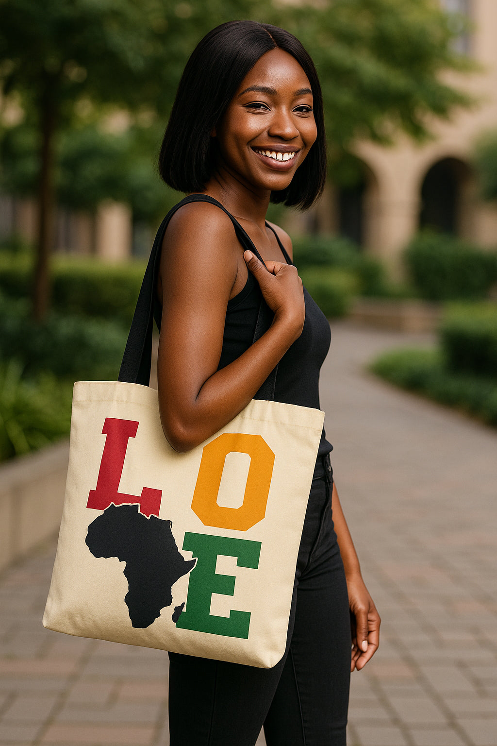 Woman holding a tote bag with 'LOVE Africa' design in an outdoor setting
