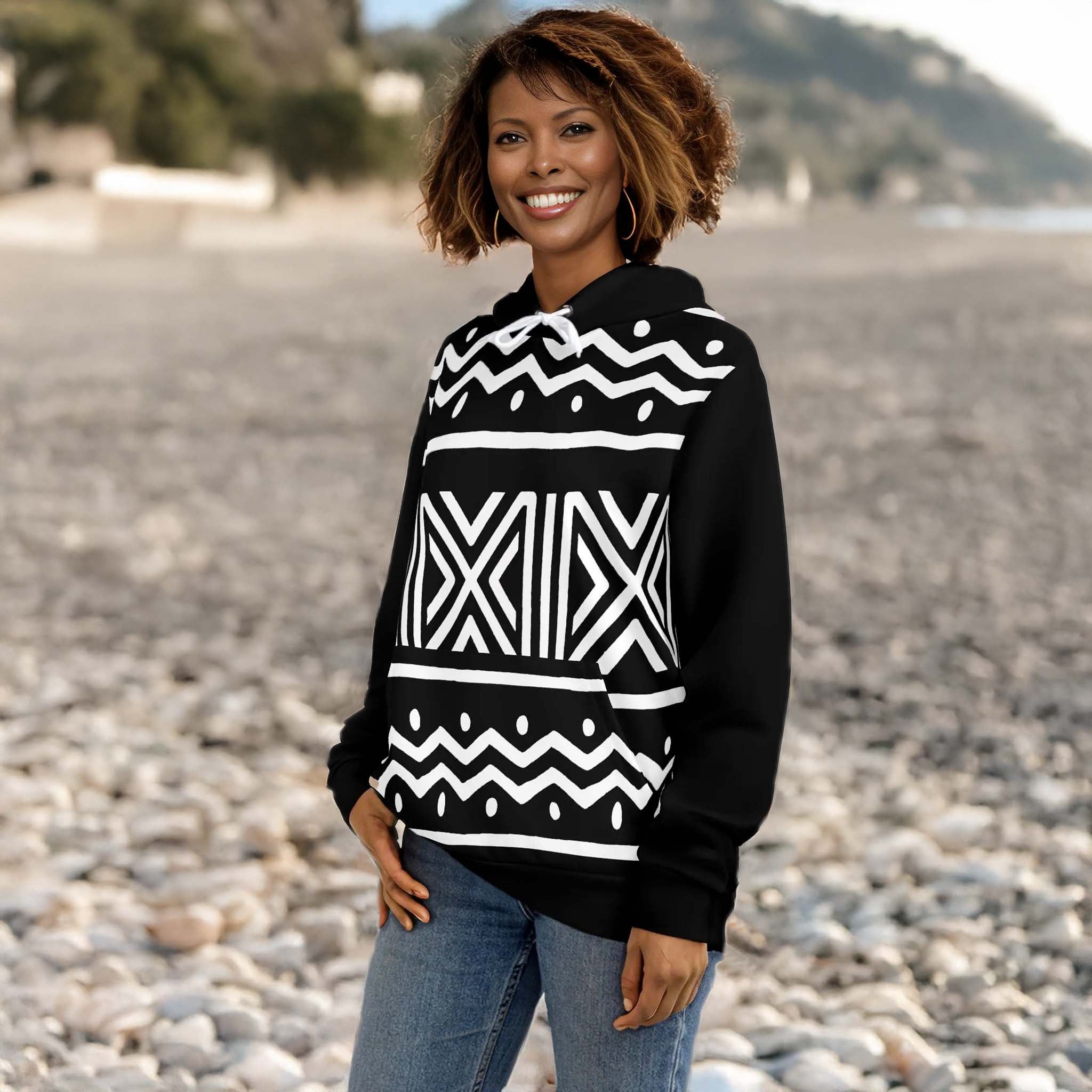 Afro Tribal Print Hoodie Black and White – Bold & Unique