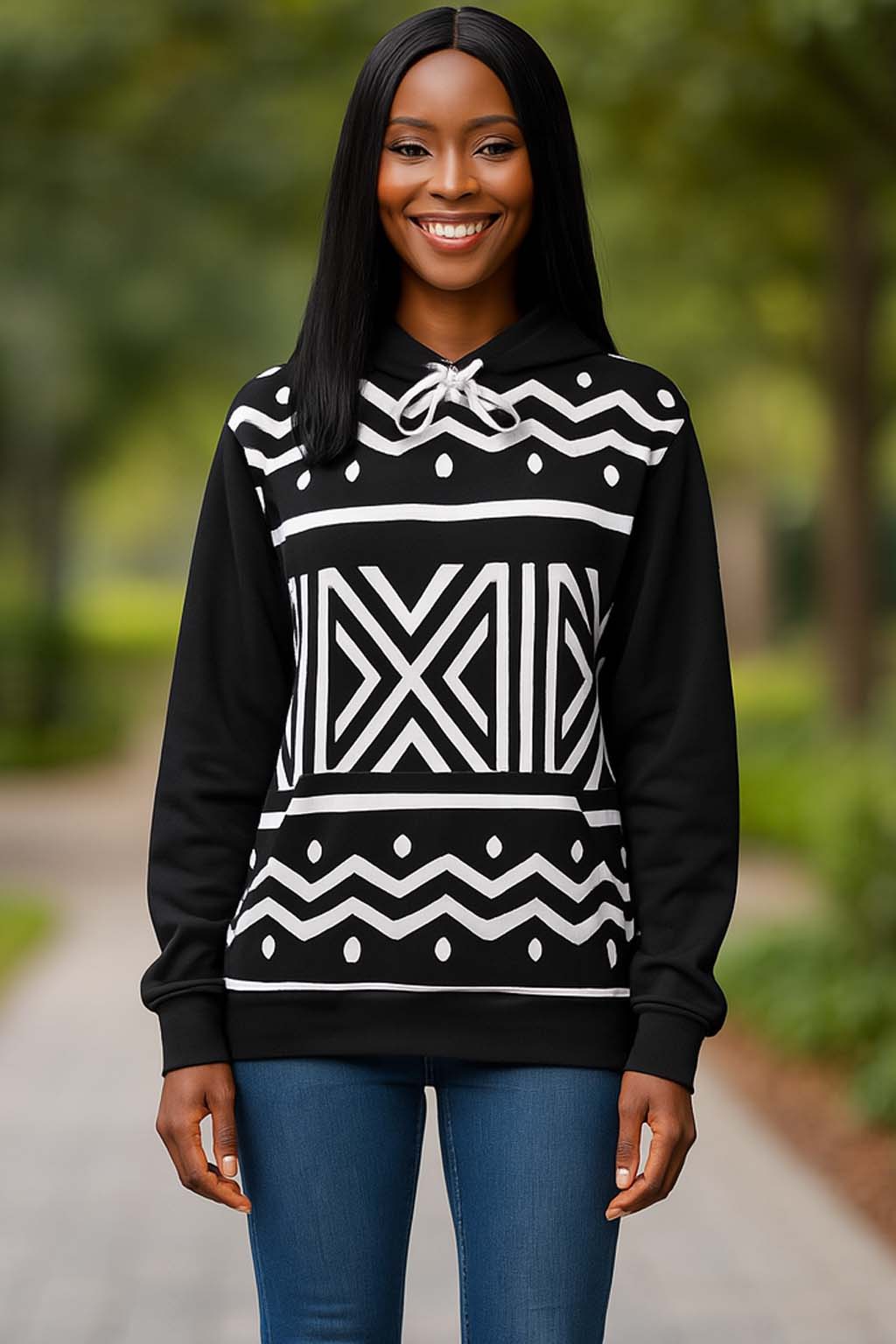 Afro Tribal Print Hoodie Black and White – Bold & Unique