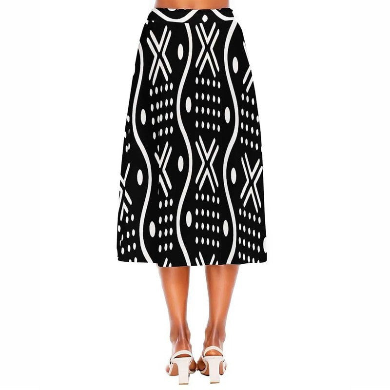 Black Flared Skirt Midi Mudcloth Black & White Tribal Print