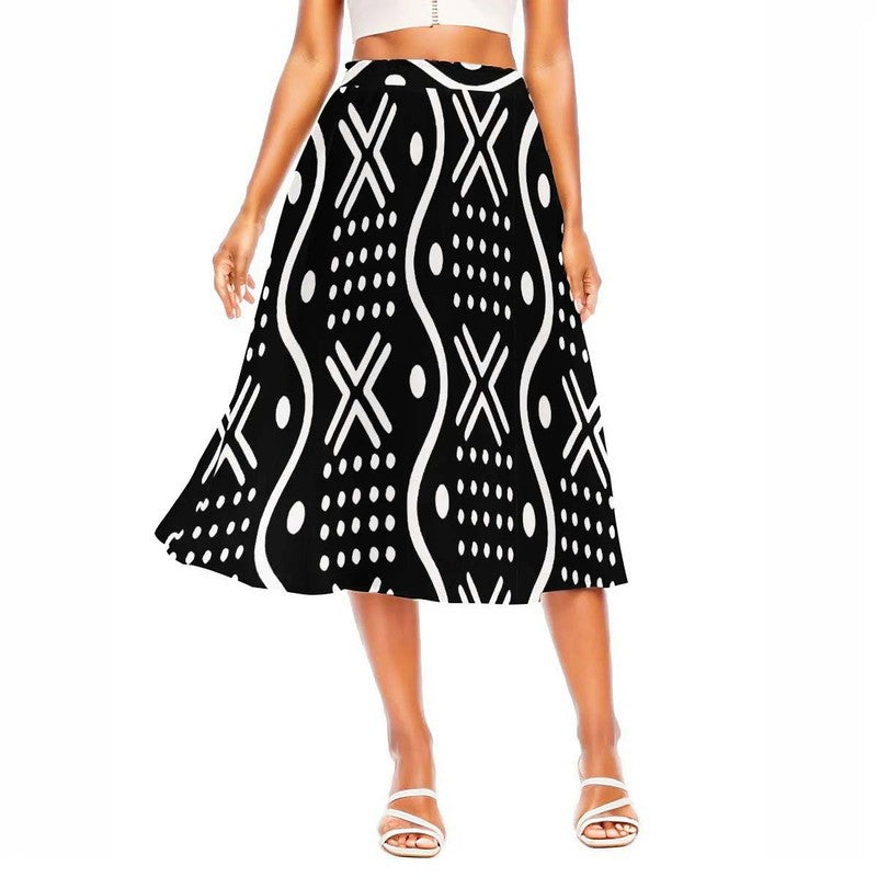 Black Flared Skirt Midi Mudcloth Black & White Tribal Print