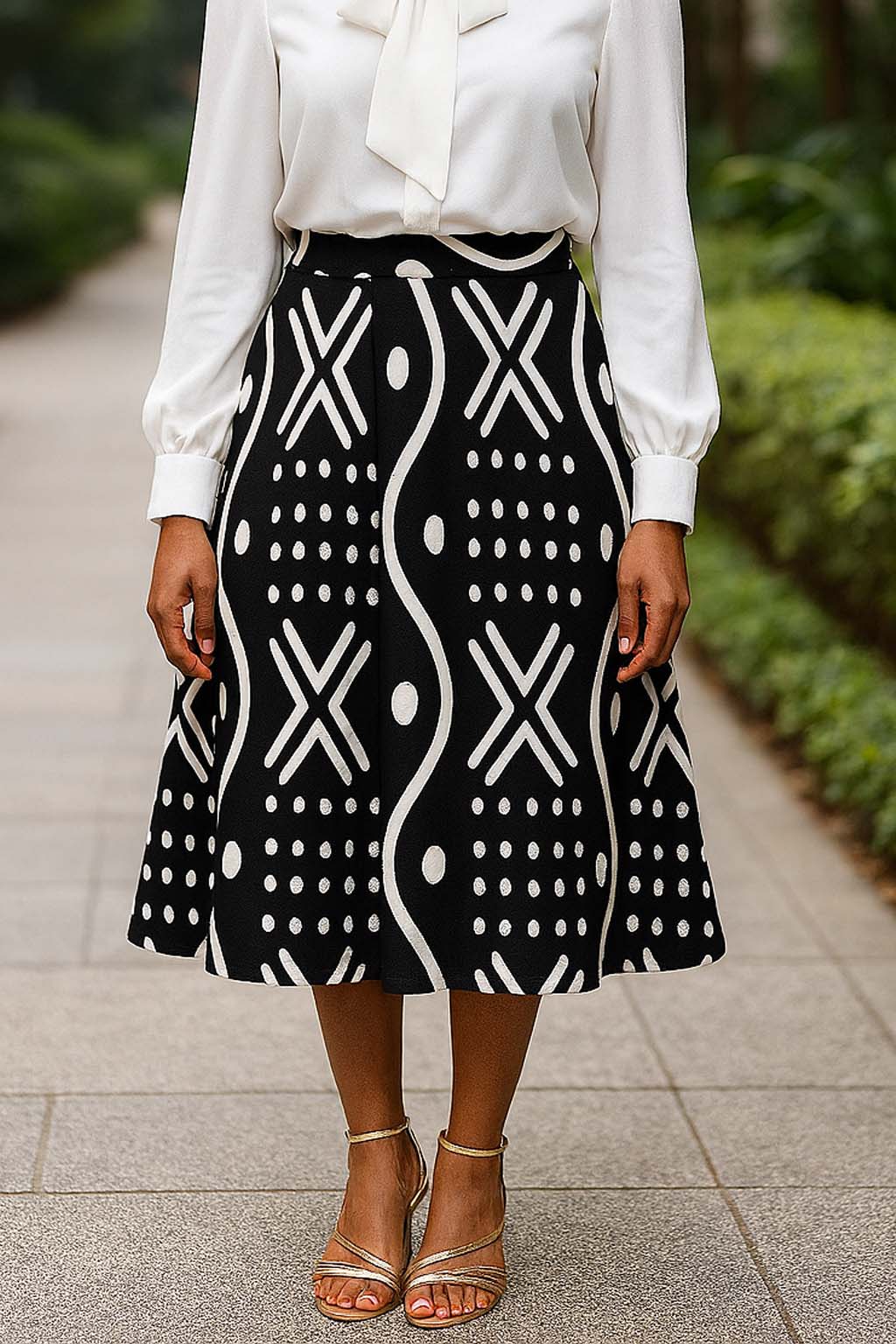 Black Flared Skirt Midi Mudcloth Black & White Tribal Print