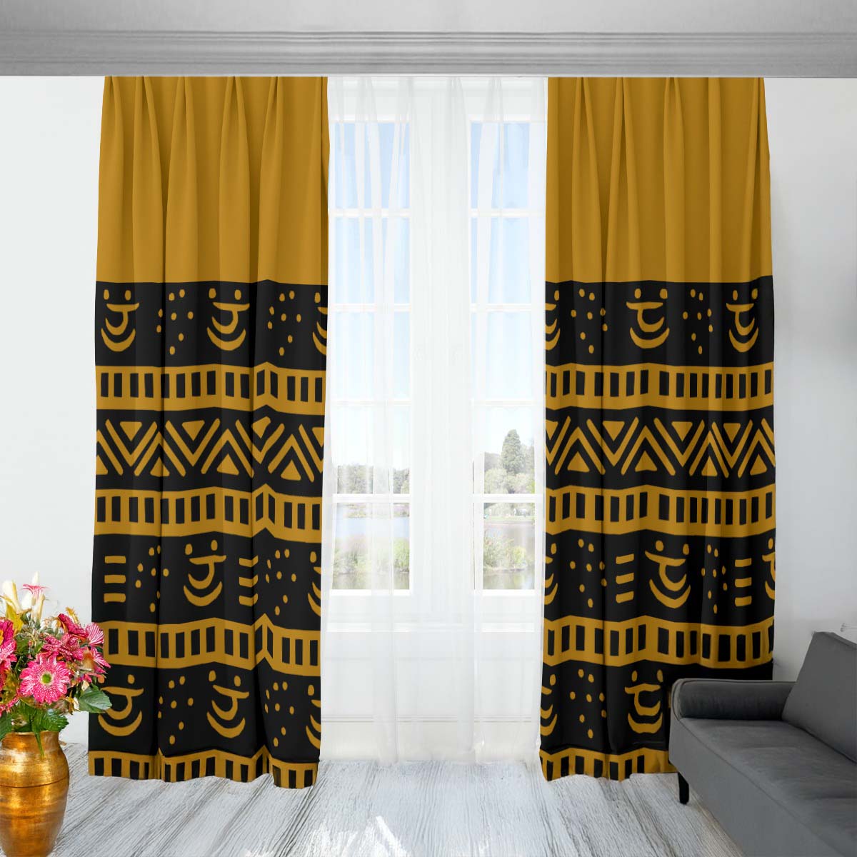 Black and Gold Curtain - Mudcloth Print Blackout Style (Two-Piece)