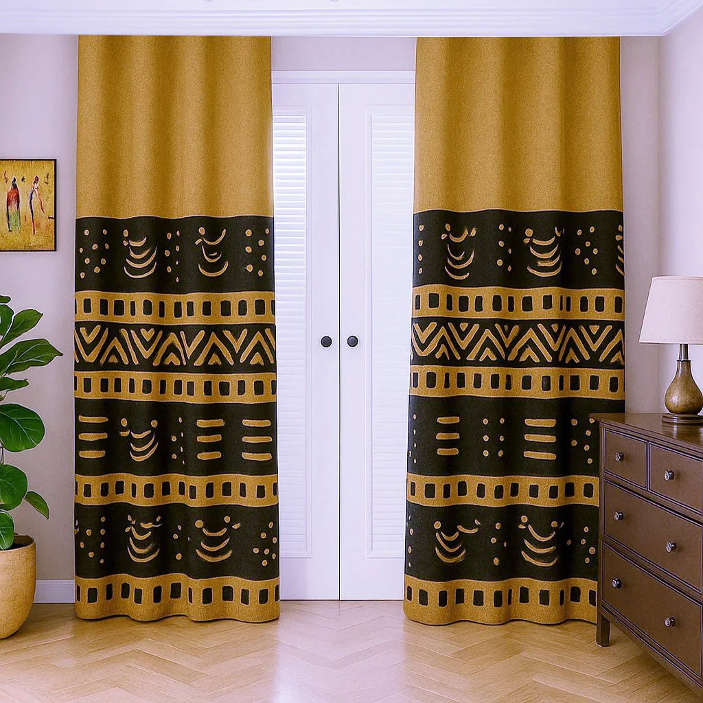 Black and Gold Curtain - Mudcloth Print Blackout Style (Two-Piece)