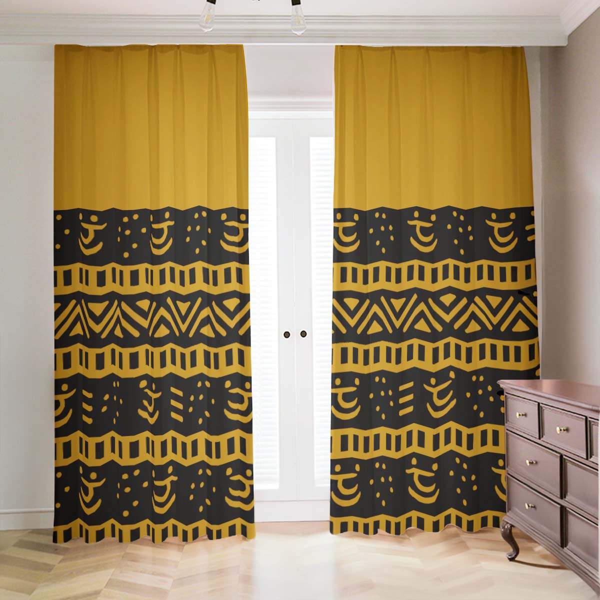 Black and Gold Curtain - Mudcloth Print Blackout Style (Two-Piece)