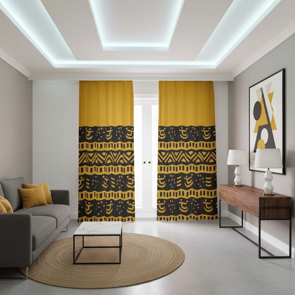 Black and Gold Curtain - Mudcloth Print Blackout Style (Two-Piece)-Bynelo