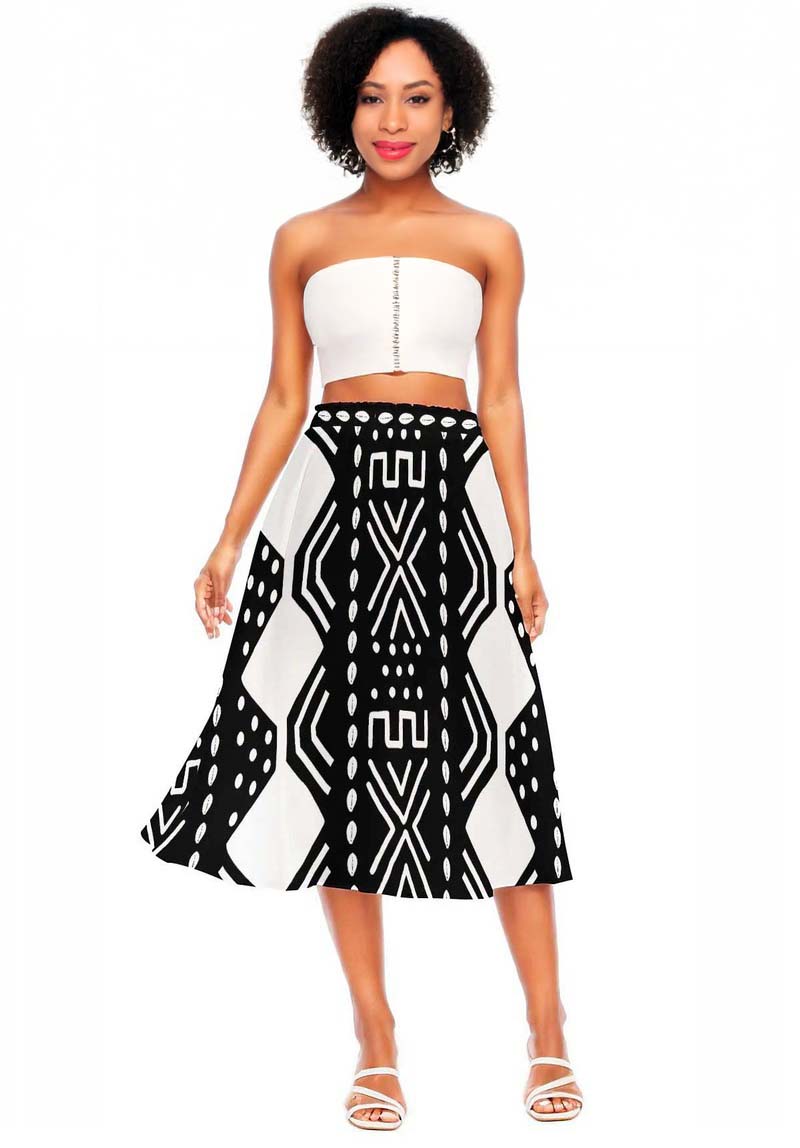 Black and White African Midi Skirt Flared | Geometric Style