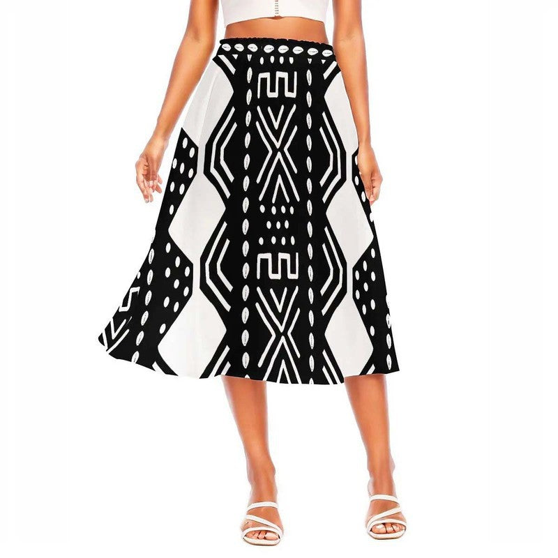 Black and White African Midi Skirt Flared | Geometric Style