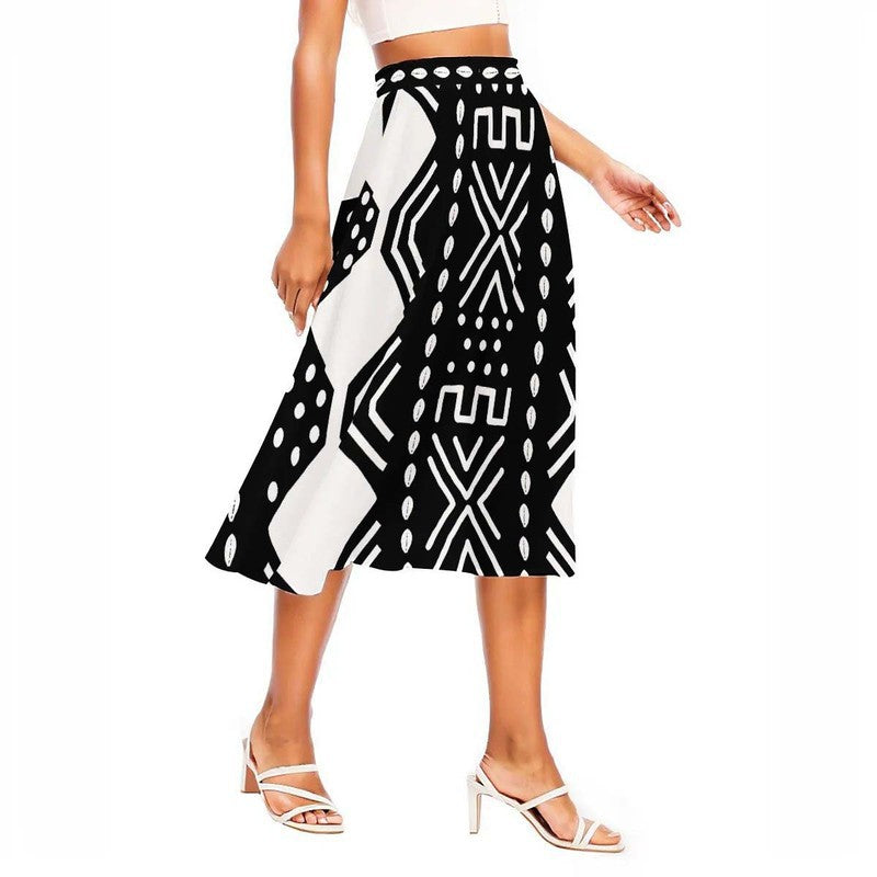Black and White African Midi Skirt Flared | Geometric Style