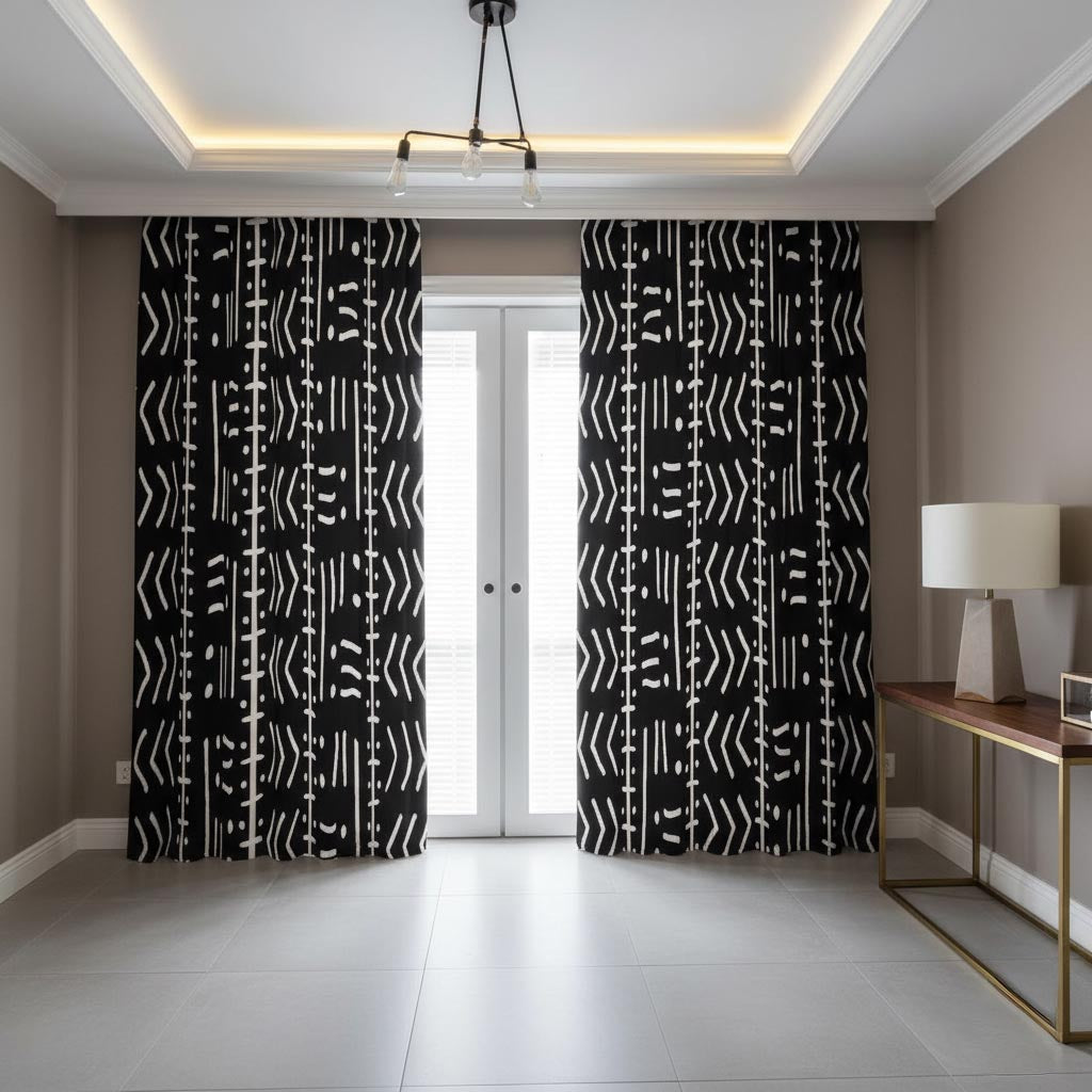 Black and White Stripe Curtains Ethnic Print Blackout (Two-Piece)