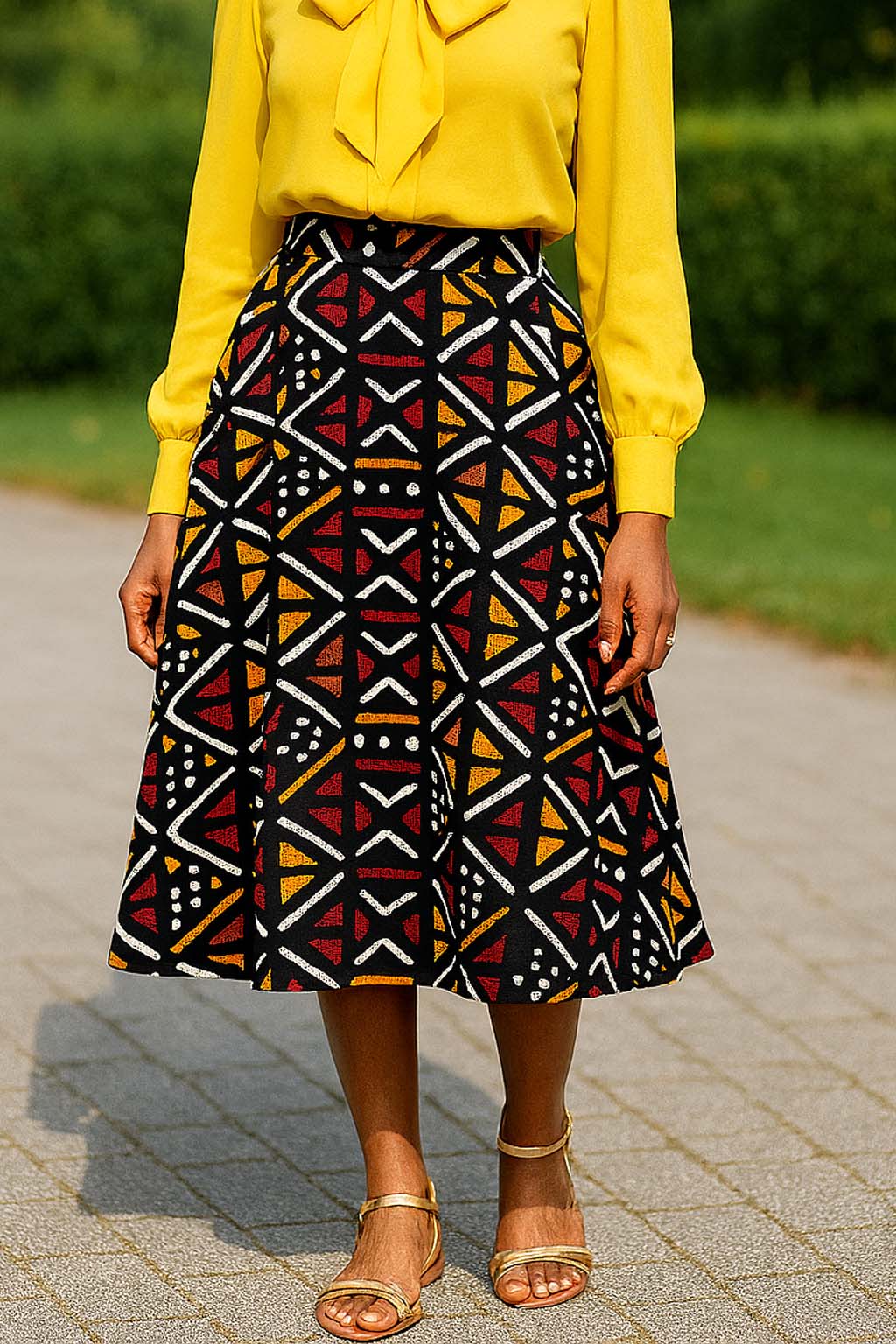 Bogolan Flared Skirt for Women African Print - Midi Length