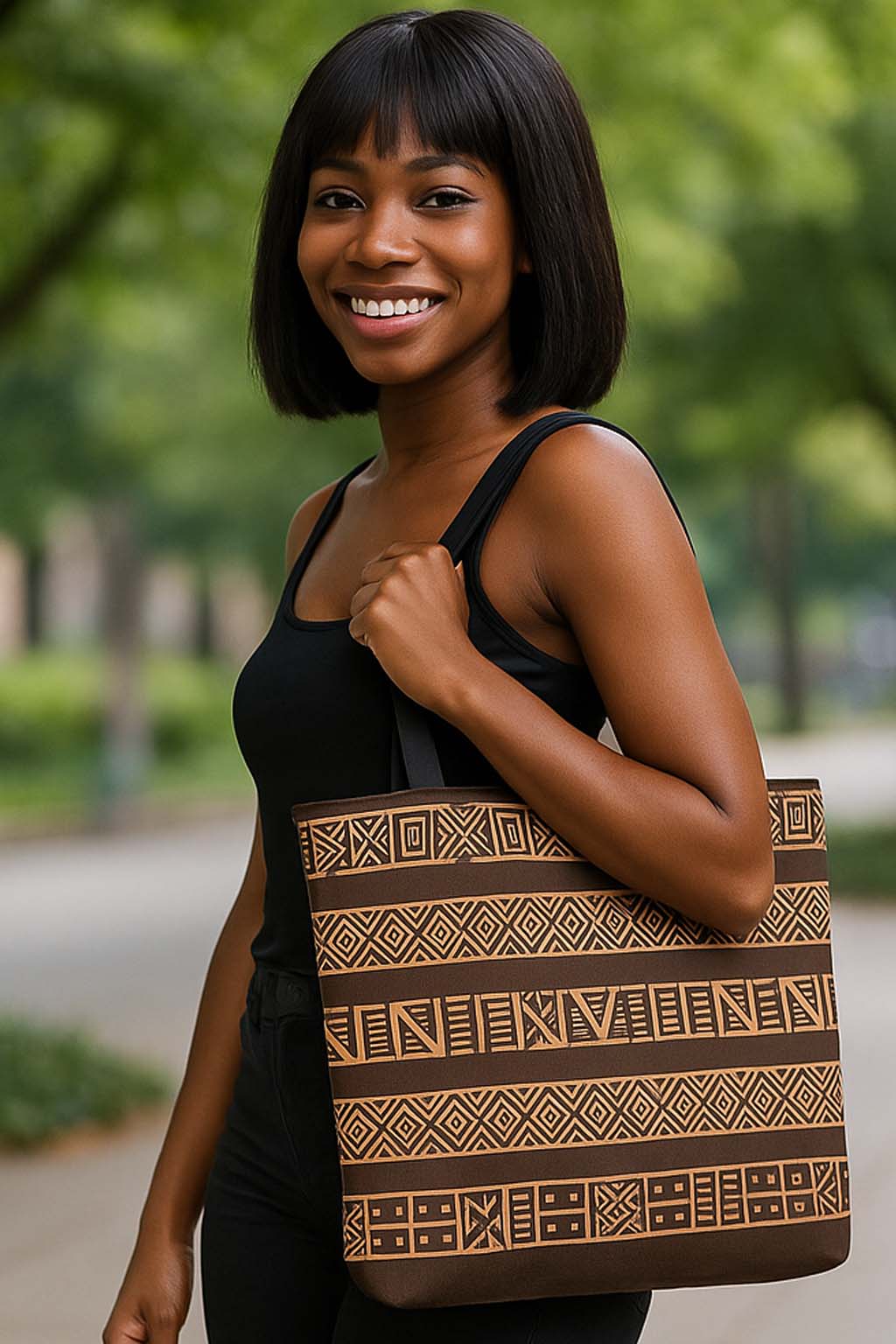 Bohemian Beach Bag Tote | Afro Themed Pattern Brown | Large Capacity