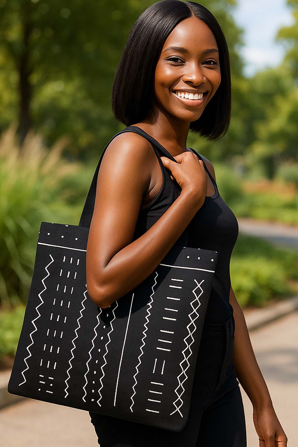 Bohemian Tote Bag | Ethnic Black and White Print | Large Capacity