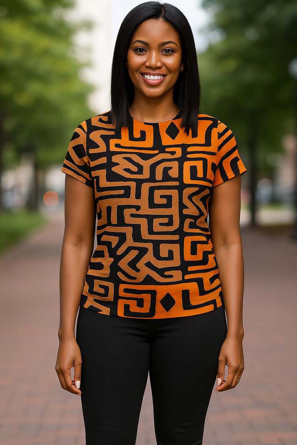 Bold African Kuba Print Women’s T-shirt – Tribal Chic Streetwear
