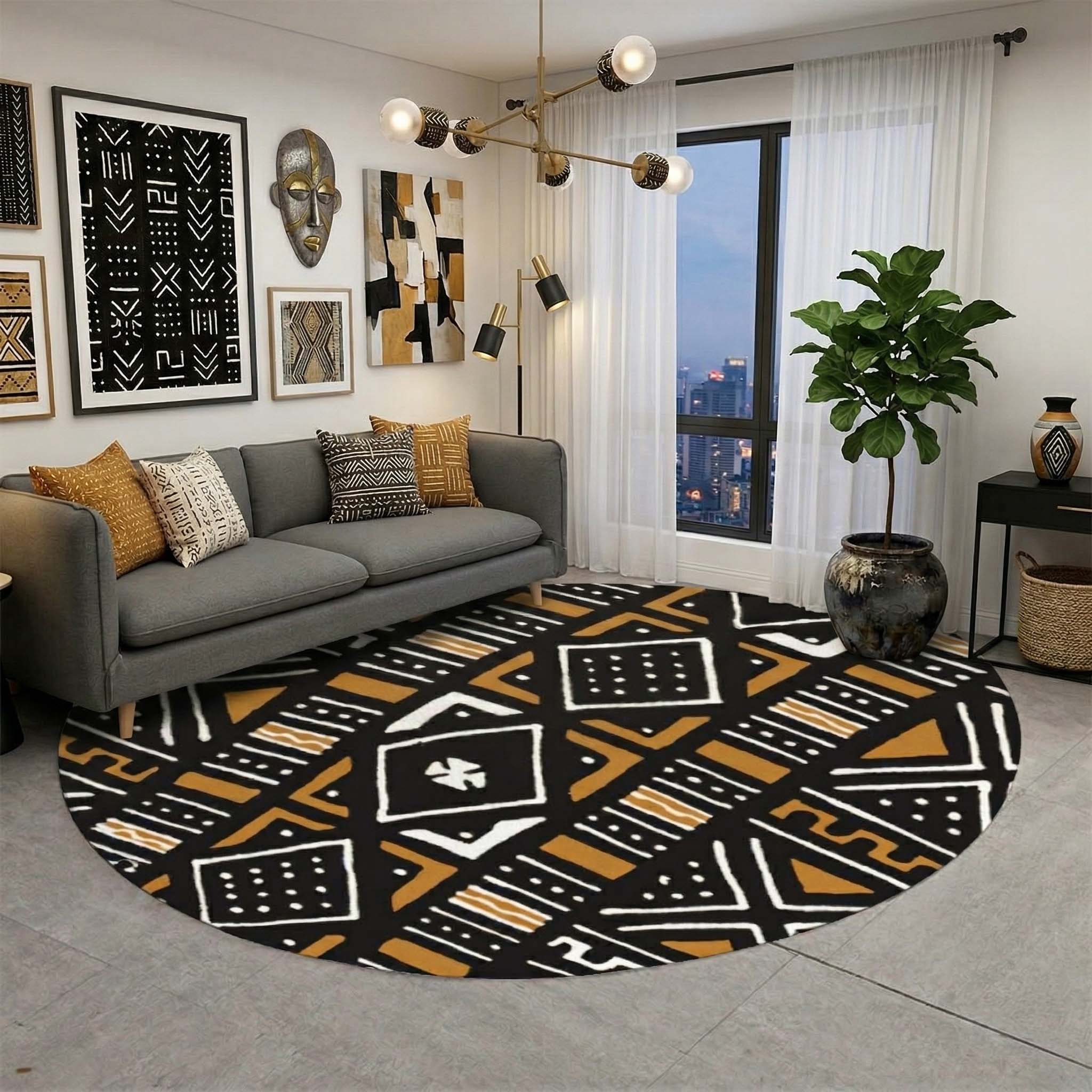 Colorful Mudcloth Round Rug – Traditional Pattern – Bynelo