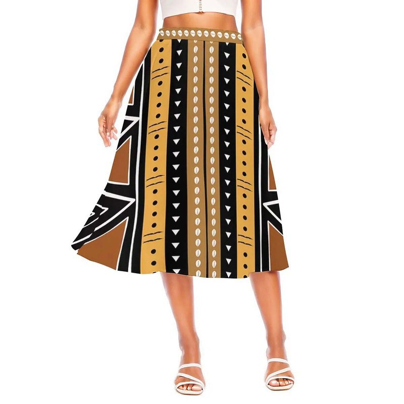 Cowrie Print African Fabric Skirt | Geometric Fashion Midi Length