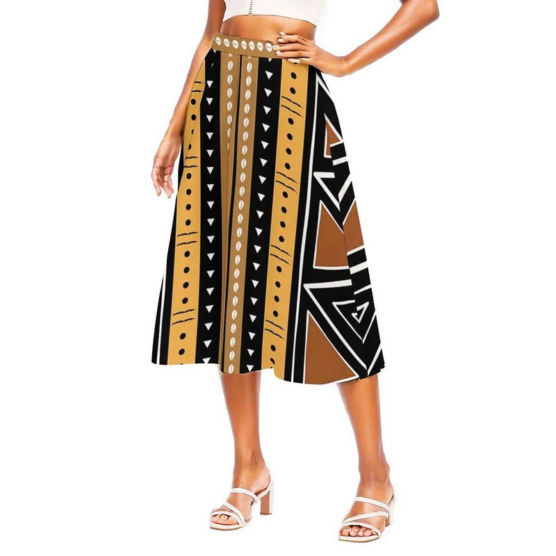 Cowrie Print African Fabric Skirt | Geometric Fashion Midi Length