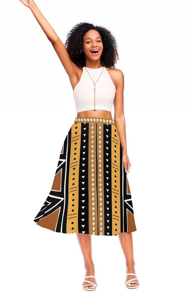 Cowrie Print African Fabric Skirt | Geometric Fashion Midi Length
