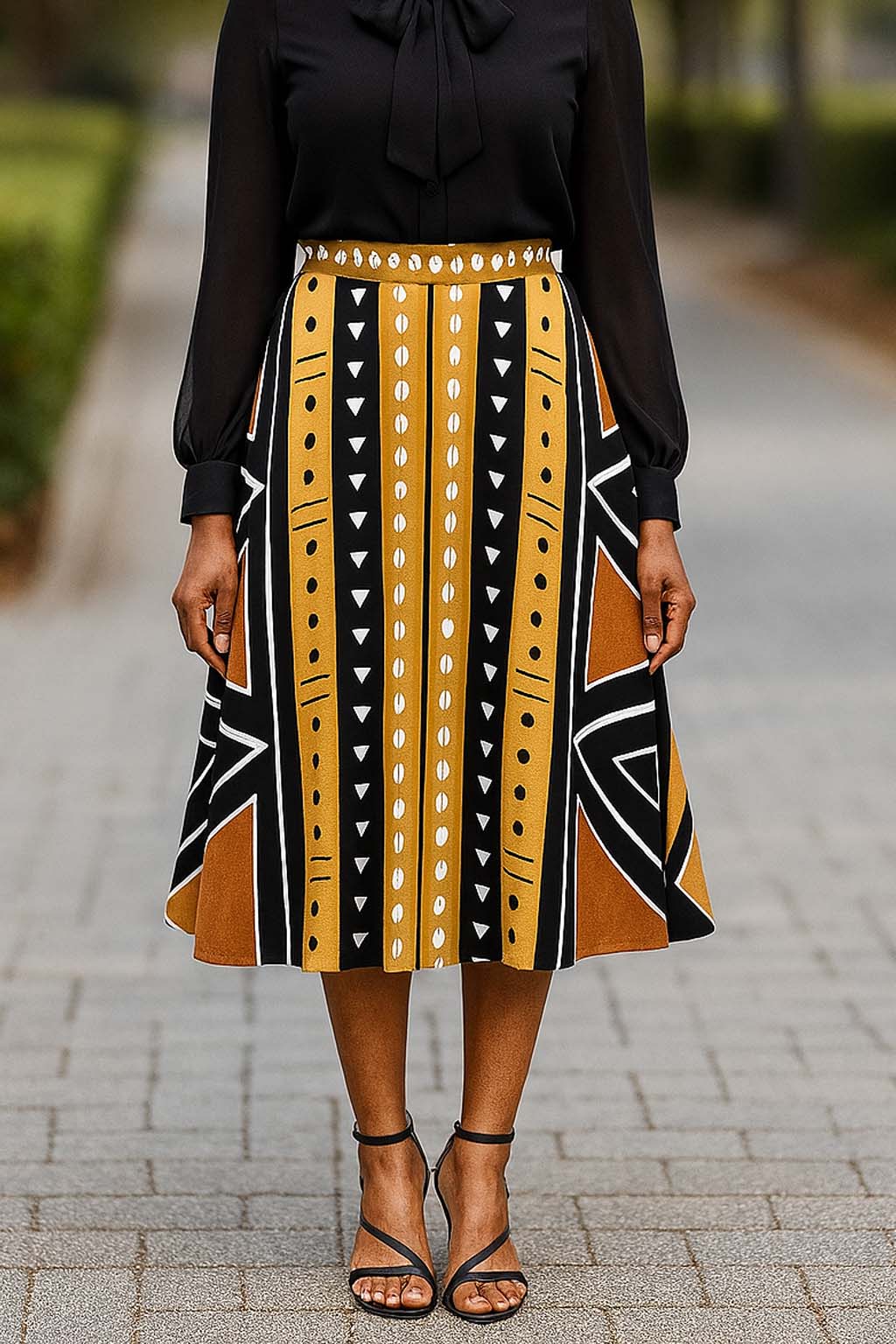Cowrie Print African Fabric Skirt | Geometric Fashion Midi Length