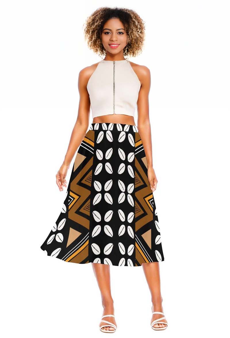 Cowrie Print African Midi Skirt | Women's Flared Fashion