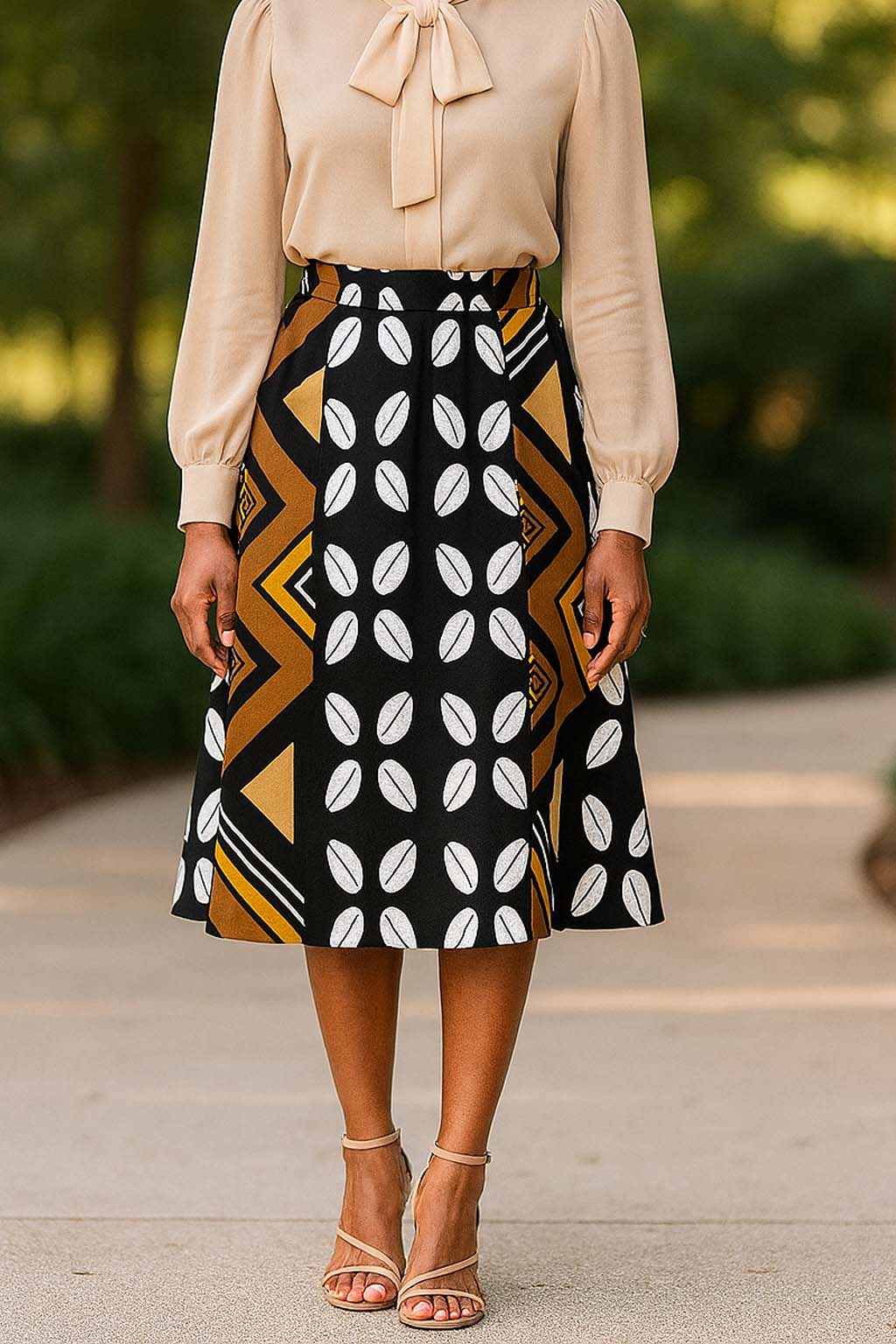 Cowrie Print African Midi Skirt | Women's Flared Fashion