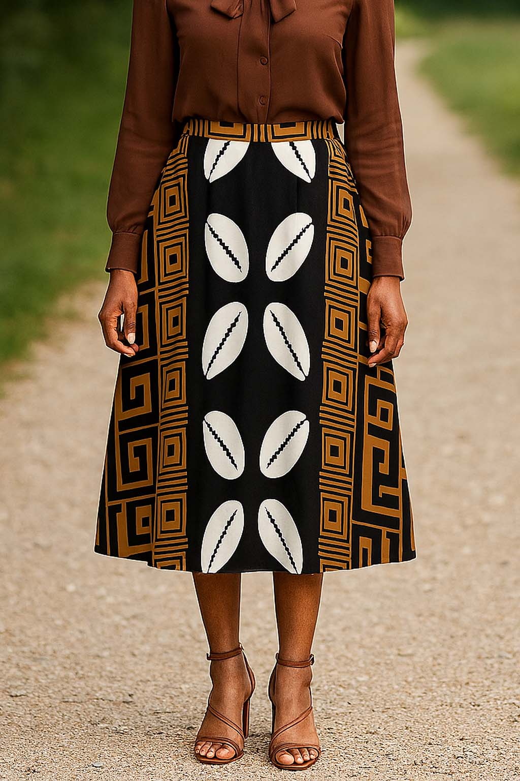 Cowrie Print African Tribal Skirt | Midi Length Style