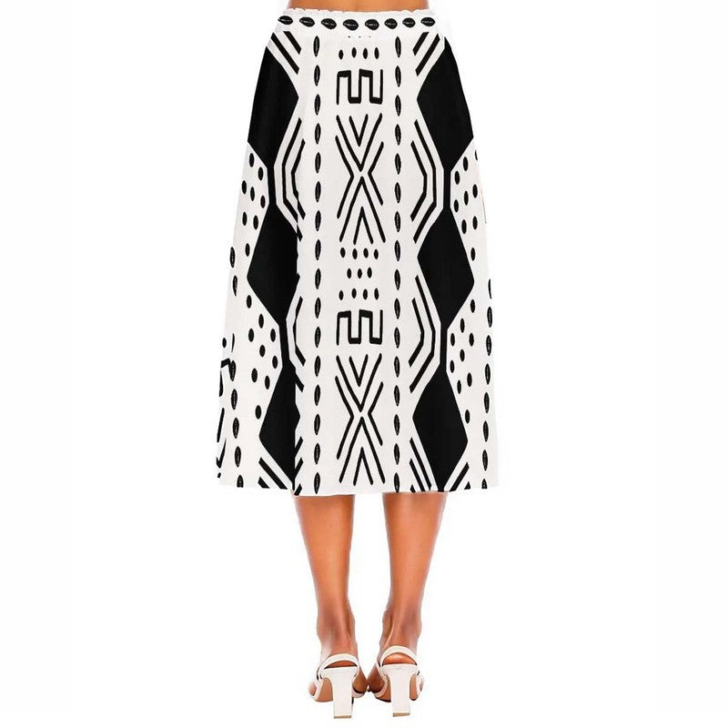 Cowrie Print Black and White African Skirt Flared | Midi Length