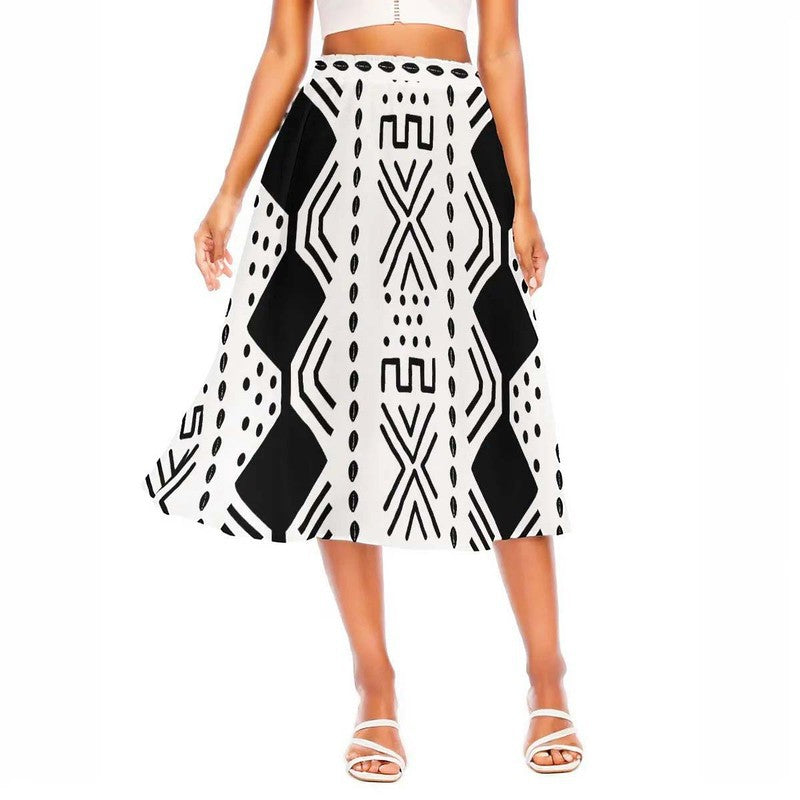 Cowrie Print Black and White African Skirt Flared | Midi Length