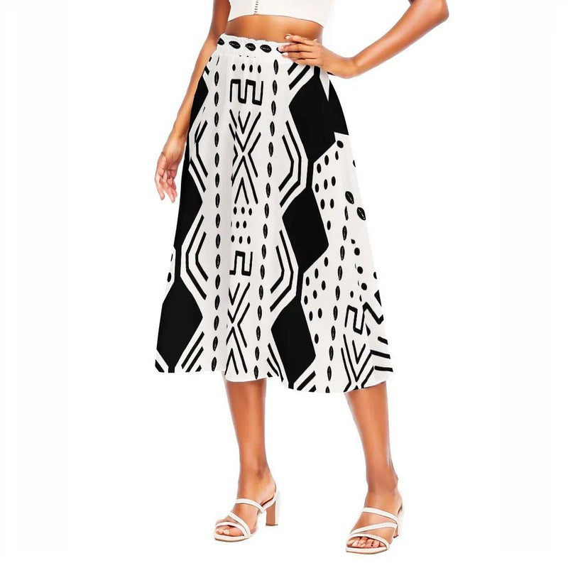 Cowrie Print Black and White African Skirt Flared | Midi Length