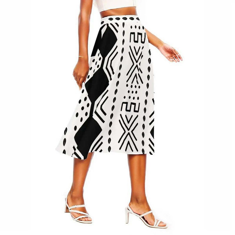 Cowrie Print Black and White African Skirt Flared | Midi Length