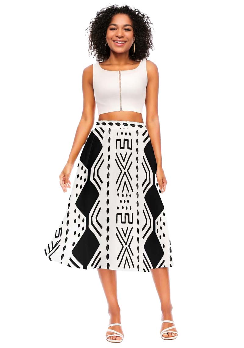 Cowrie Print Black and White African Skirt Flared | Midi Length