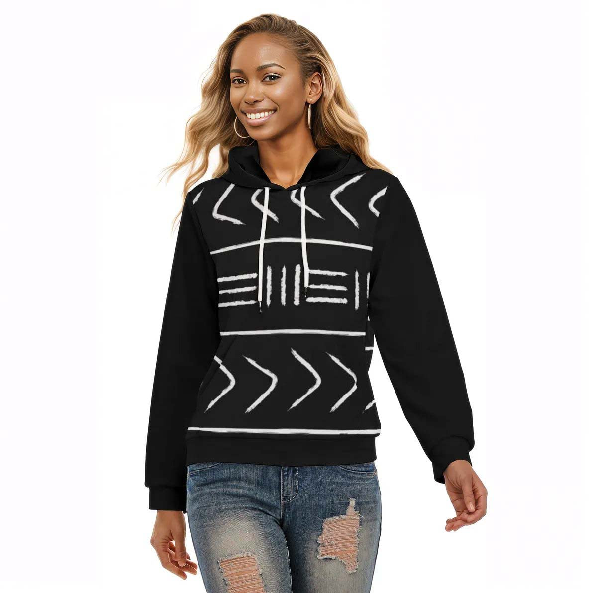 Cozy Tribal Print Hoodies African Design Black and White
